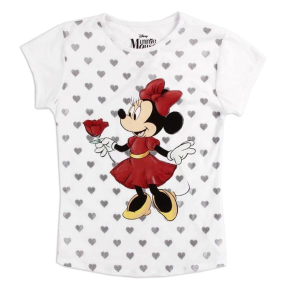 Disney Minnie Mouse Girls Short Sleeve T-Shirt with Silver Hearts | Graphic Tee - Picture 2 of 3